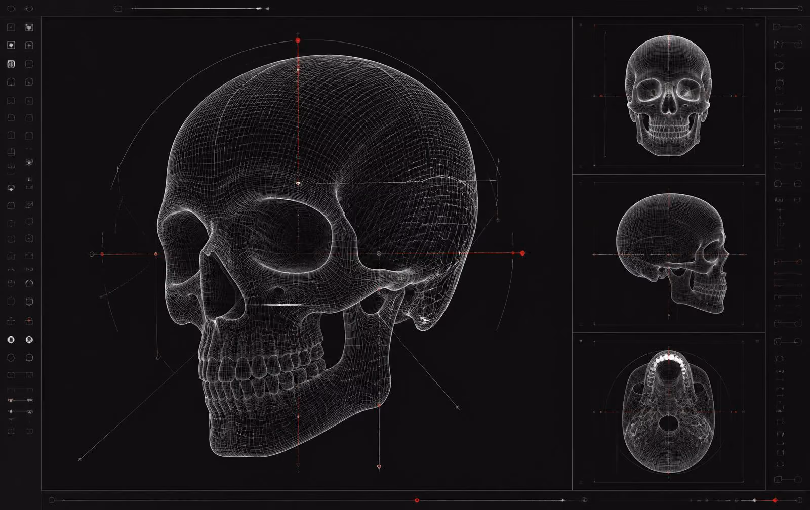Konzeptioneller digitaler Anatomie-Arbeitsbereich mit Wireframe-Referenzen