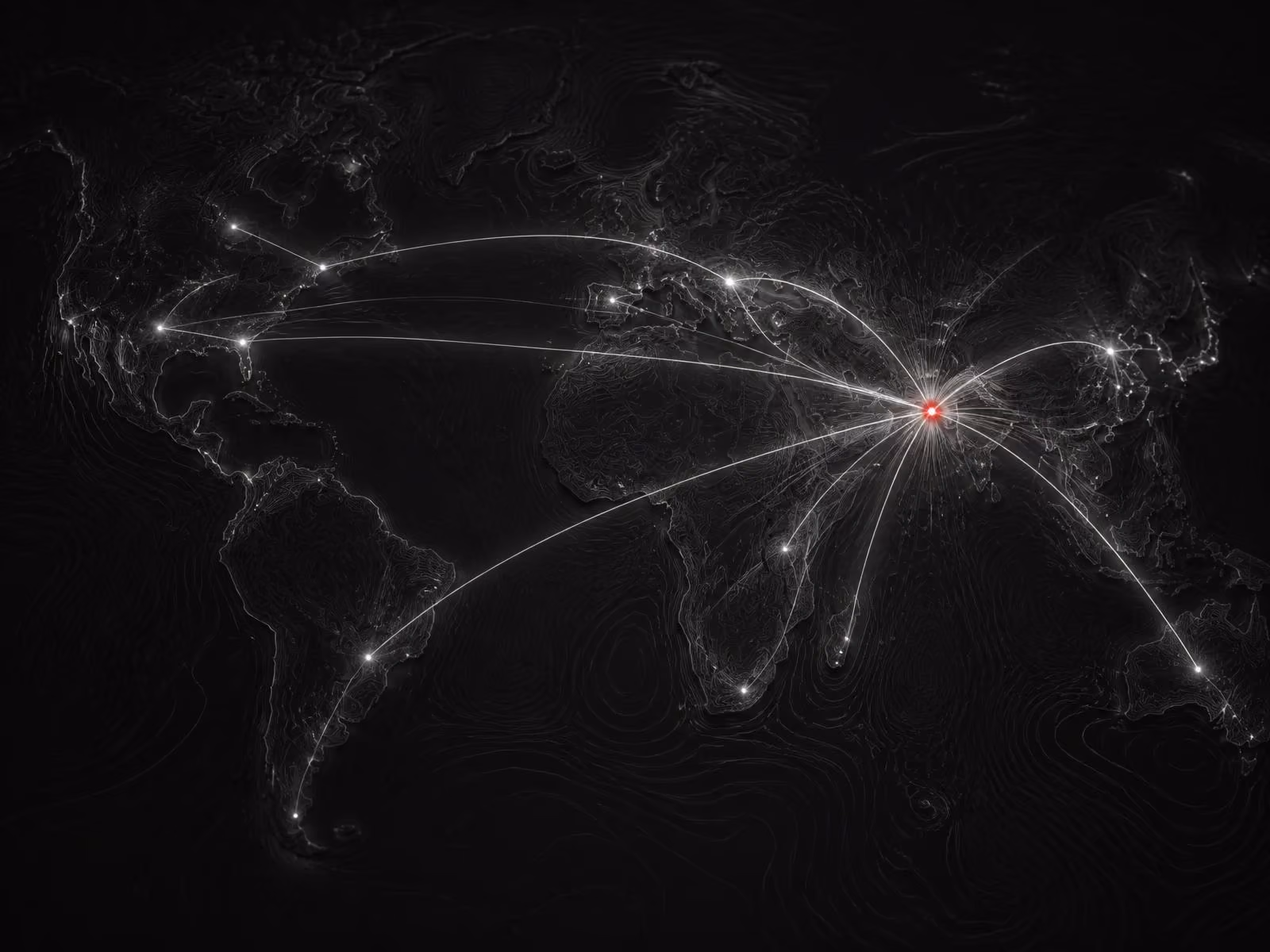 Réseau abstrait de longues routes mondiales convergeant vers un seul nœud local