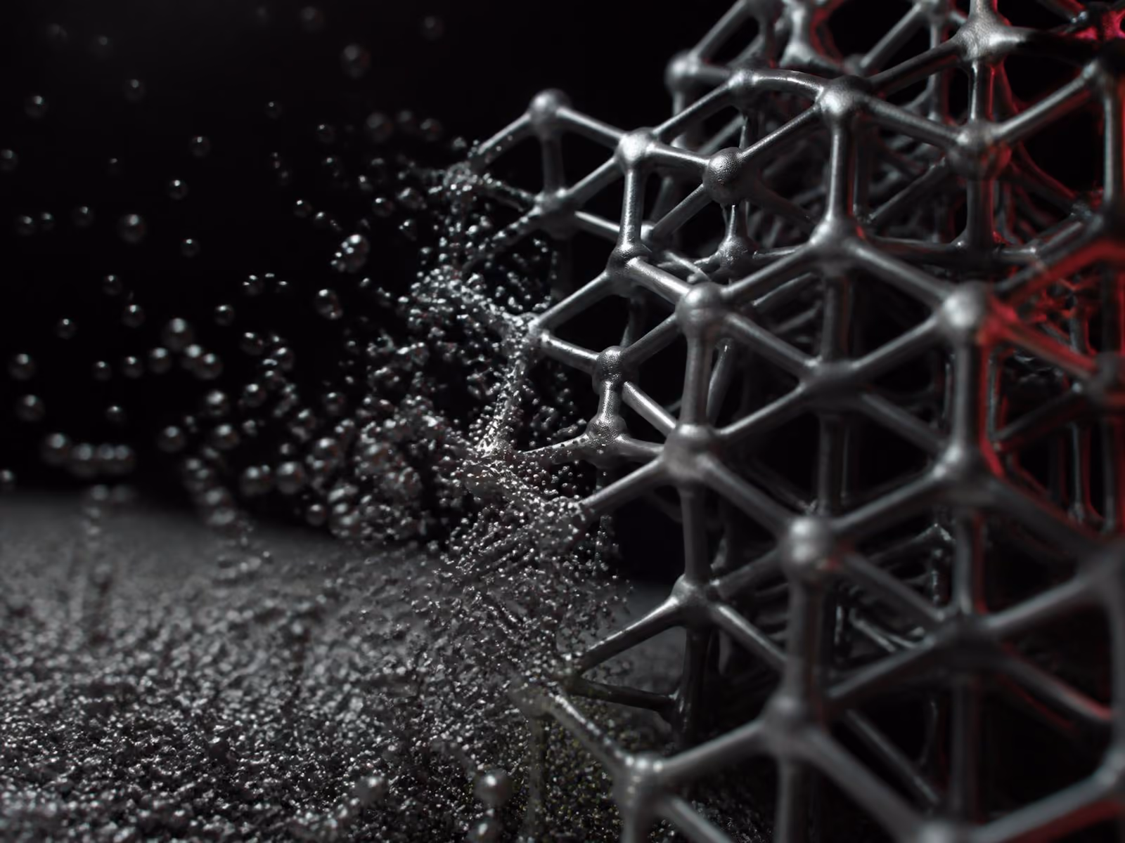 Rendu conceptuel de particules métalliques formant une structure en treillis précise